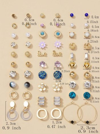 30pairs Fashionable CZ Pearl Heart Shaped Ear Studs Set With Metal Flower & Geometric Design, Suitable For Women To Wear Daily, A Gift For Holidays Or Jewelry Accessory Valentines,Mom,Mother,Mother's Day,Gift