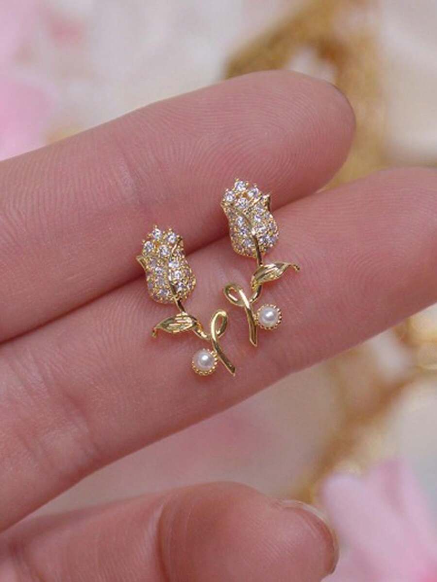 1pair Fashionable Romantic Small Rose Flower & Faux Pearl Stud Earrings For Women, Vacation Style Valentines,Mom,Mother,Mother's Day,Gift