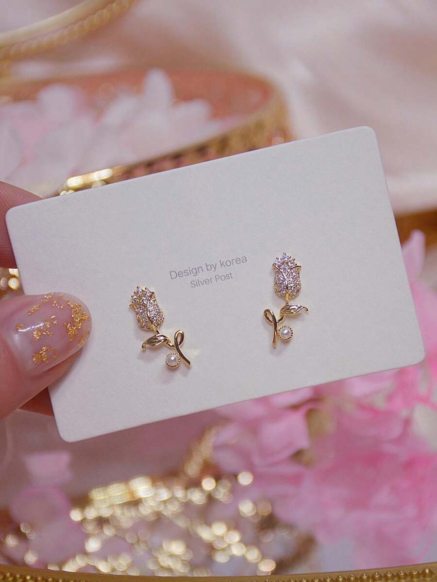 1pair Fashionable Romantic Small Rose Flower & Faux Pearl Stud Earrings For Women, Vacation Style Valentines,Mom,Mother,Mother's Day,Gift