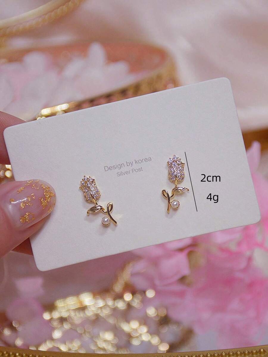1pair Fashionable Romantic Small Rose Flower & Faux Pearl Stud Earrings For Women, Vacation Style Valentines,Mom,Mother,Mother's Day,Gift