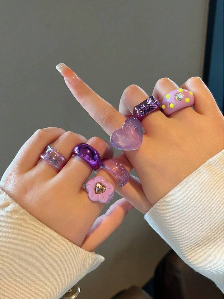 7pcs/Set Fashionable Purple Floral Heart Shaped Punk Ring For Women, Cute Resin Ring Set For Girls' Party Accessory Valentines,Mom,Mother,Mother's Day,Gift