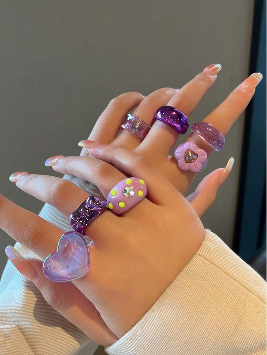 7pcs/Set Fashionable Purple Floral Heart Shaped Punk Ring For Women, Cute Resin Ring Set For Girls' Party Accessory Valentines,Mom,Mother,Mother's Day,Gift