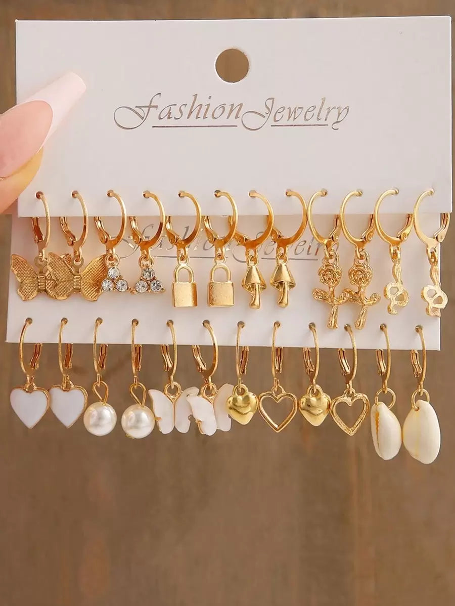 18pcs Fashionable Butterfly Hearts 5-pointed Star Flower Leaf Decorated Earrings Set Suitable For Ladies' Daily Wear