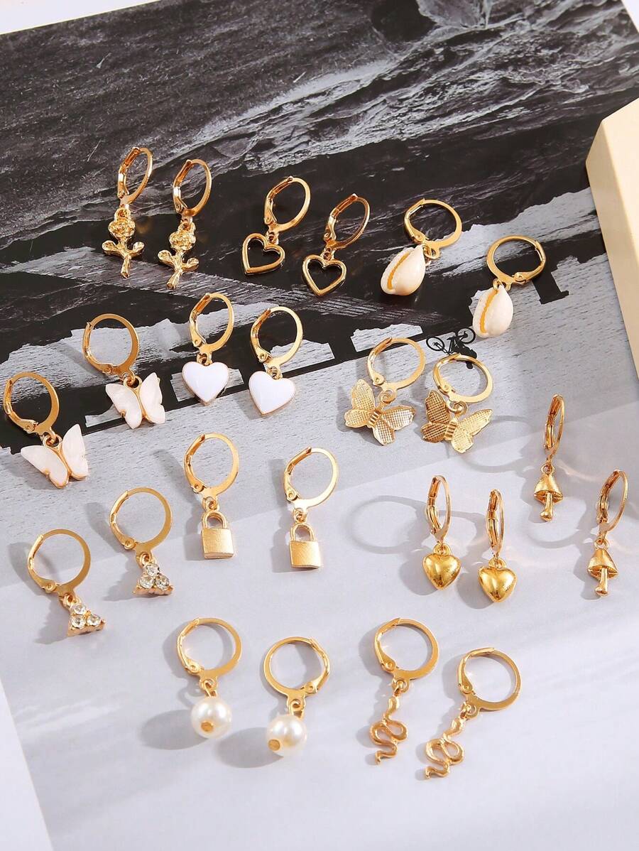 18pcs Fashionable Butterfly Hearts 5-pointed Star Flower Leaf Decorated Earrings Set Suitable For Ladies' Daily Wear