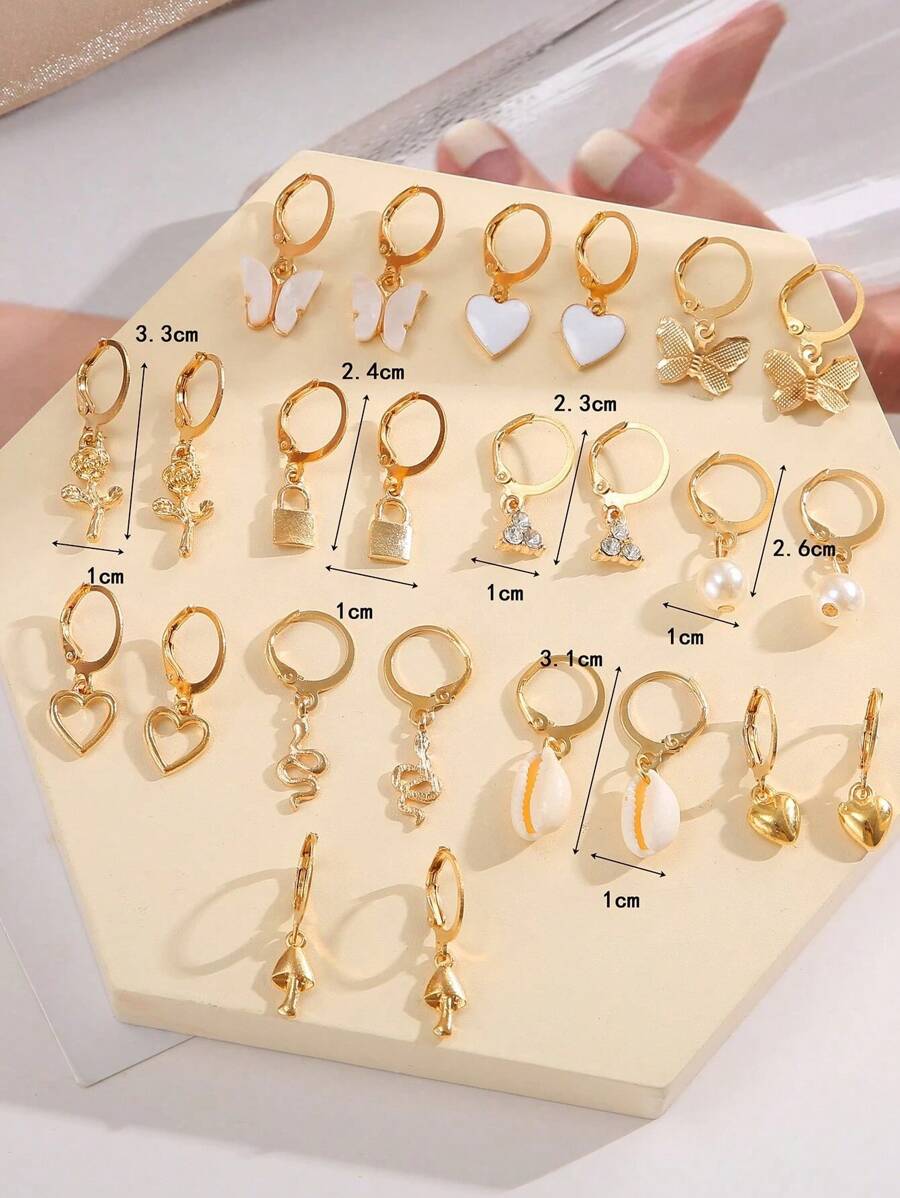 18pcs Fashionable Butterfly Hearts 5-pointed Star Flower Leaf Decorated Earrings Set Suitable For Ladies' Daily Wear
