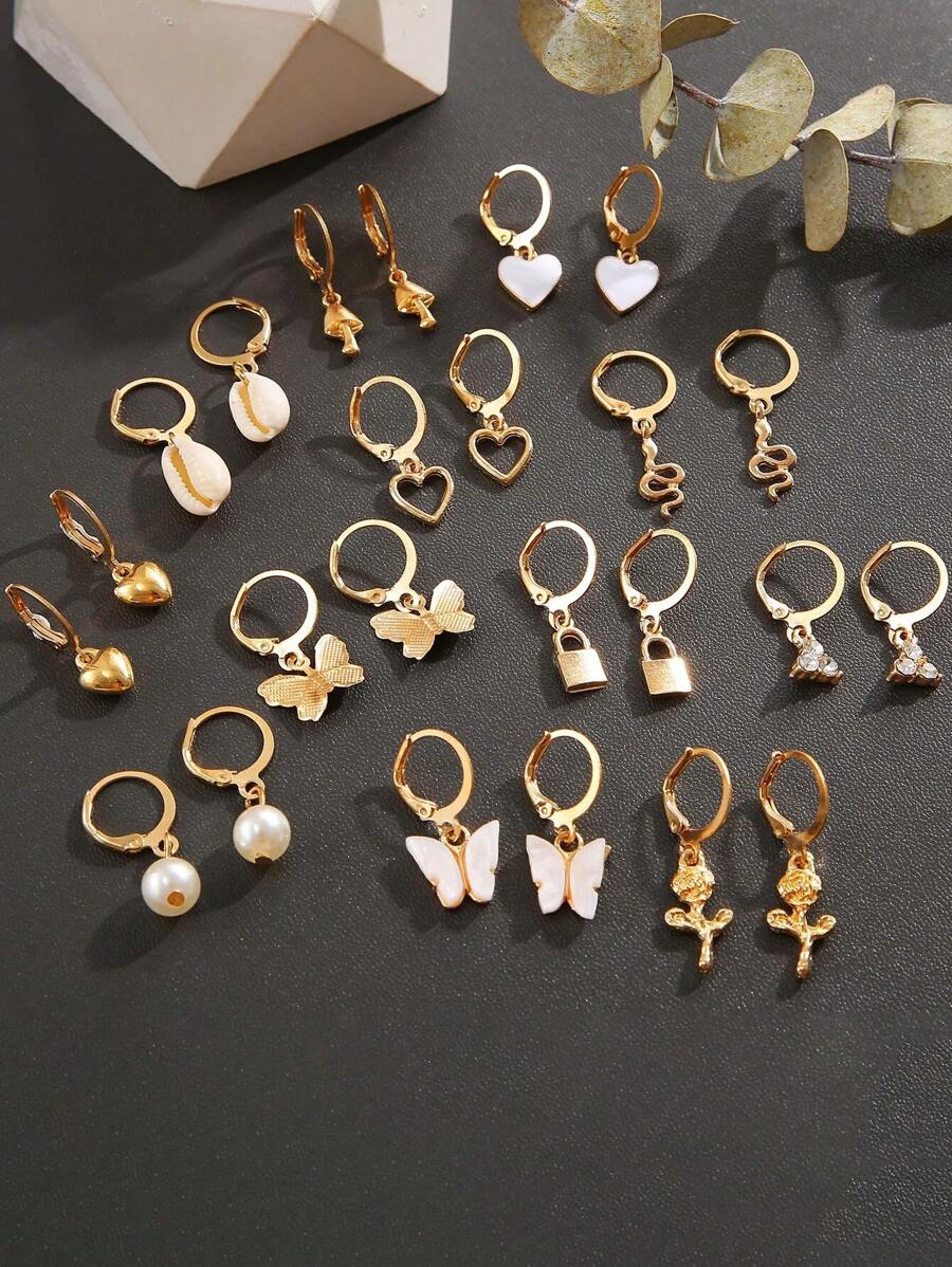 18pcs Fashionable Butterfly Hearts 5-pointed Star Flower Leaf Decorated Earrings Set Suitable For Ladies' Daily Wear