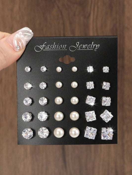15pairs/Set Cubic Zirconia & Faux Pearl Decor Stud Earrings