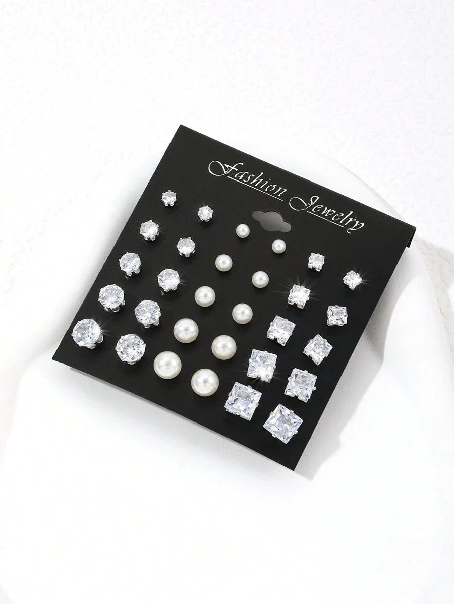 15pairs/Set Cubic Zirconia & Faux Pearl Decor Stud Earrings