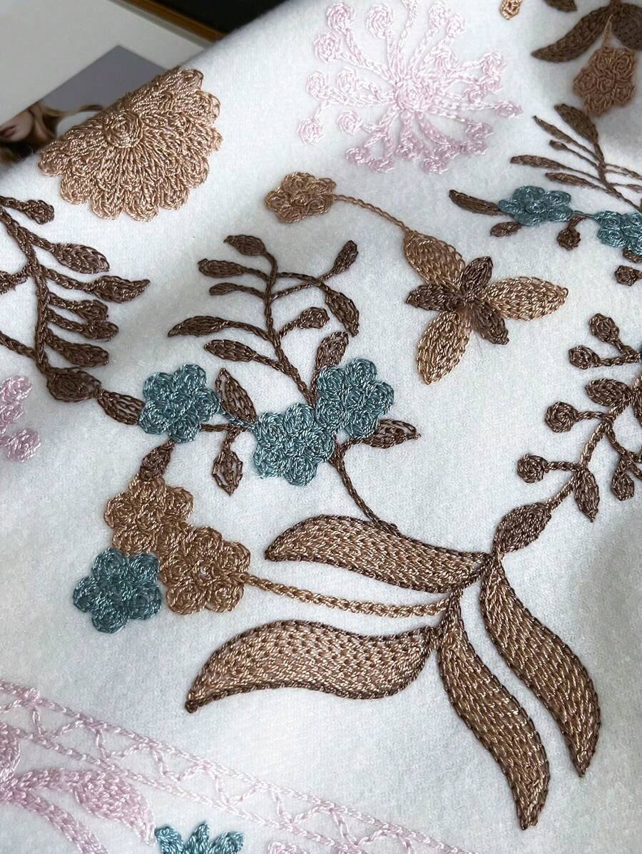 Boho 1pc Women's Thick Faux Cashmere Embroidered Scarf With Tassels For Autumn And Winter Outfit, Bohemian Style Cape For Traveling Accessories Women