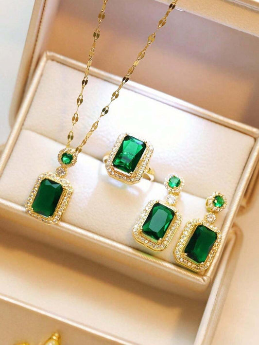 Green Diamond High-End Earrings, Necklace, Ring Set, Banquet Dress Accessories