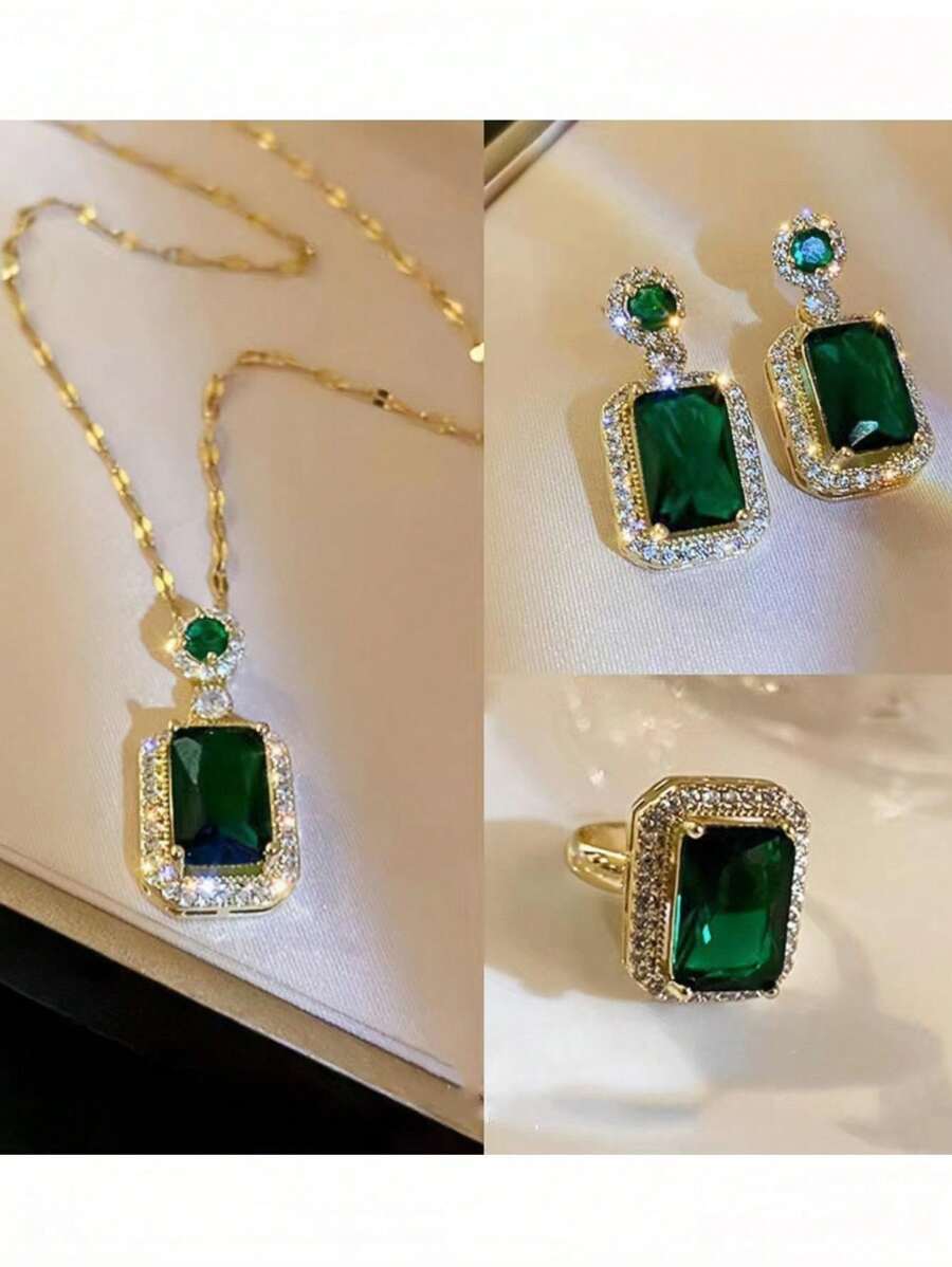 Green Diamond High-End Earrings, Necklace, Ring Set, Banquet Dress Accessories