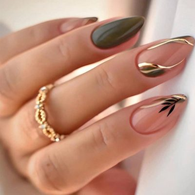 24pcs Springtime Green French Tip Press On Nails Nude Pink Press On Nails With Leaves And Gold Elegant And Exquisite Fake Nail Patches With File Strips For Women And Girls Nail Supplies