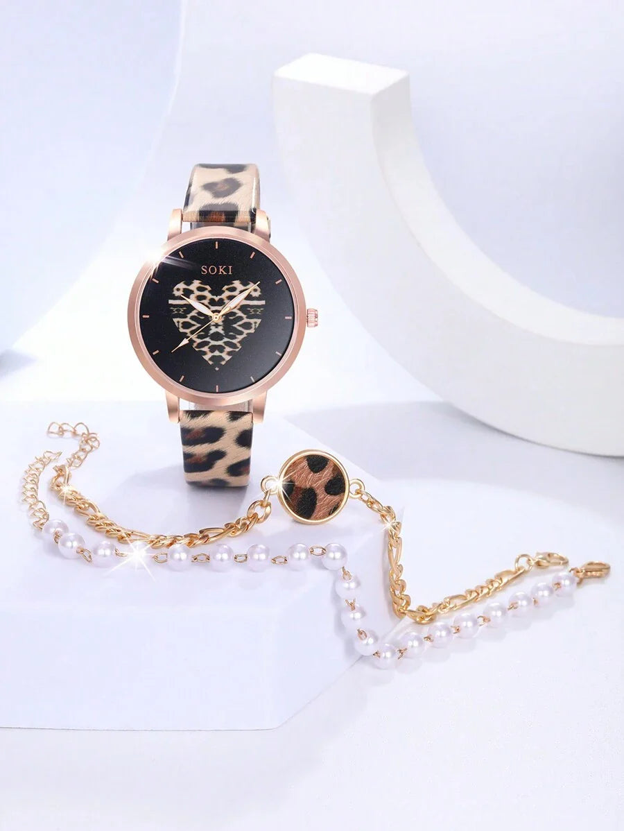 SOKI SOKI 3Pcs/Set Ladies Watch Ladies' Leopard Pu Strap Fashionable Personalized Love Dial Quartz Watch And Beaded Leopard Print Bracelet Suitable For Daily Wear, Back-To-School Season, Graduation Season, Thanksgiving, Couples, The Best Gifts