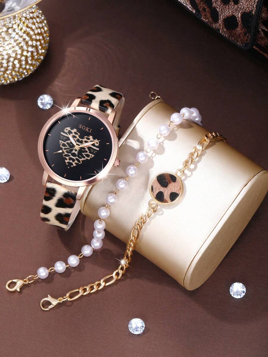SOKI SOKI 3Pcs/Set Ladies Watch Ladies' Leopard Pu Strap Fashionable Personalized Love Dial Quartz Watch And Beaded Leopard Print Bracelet Suitable For Daily Wear, Back-To-School Season, Graduation Season, Thanksgiving, Couples, The Best Gifts