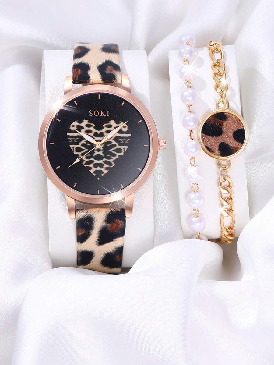 SOKI SOKI 3Pcs/Set Ladies Watch Ladies' Leopard Pu Strap Fashionable Personalized Love Dial Quartz Watch And Beaded Leopard Print Bracelet Suitable For Daily Wear, Back-To-School Season, Graduation Season, Thanksgiving, Couples, The Best Gifts