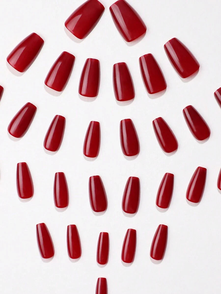 30pcs Short Coffin Shaped Cherry Red Solid Color Press On Nails, With 1pc Nail File And 1pc Jelly Glue