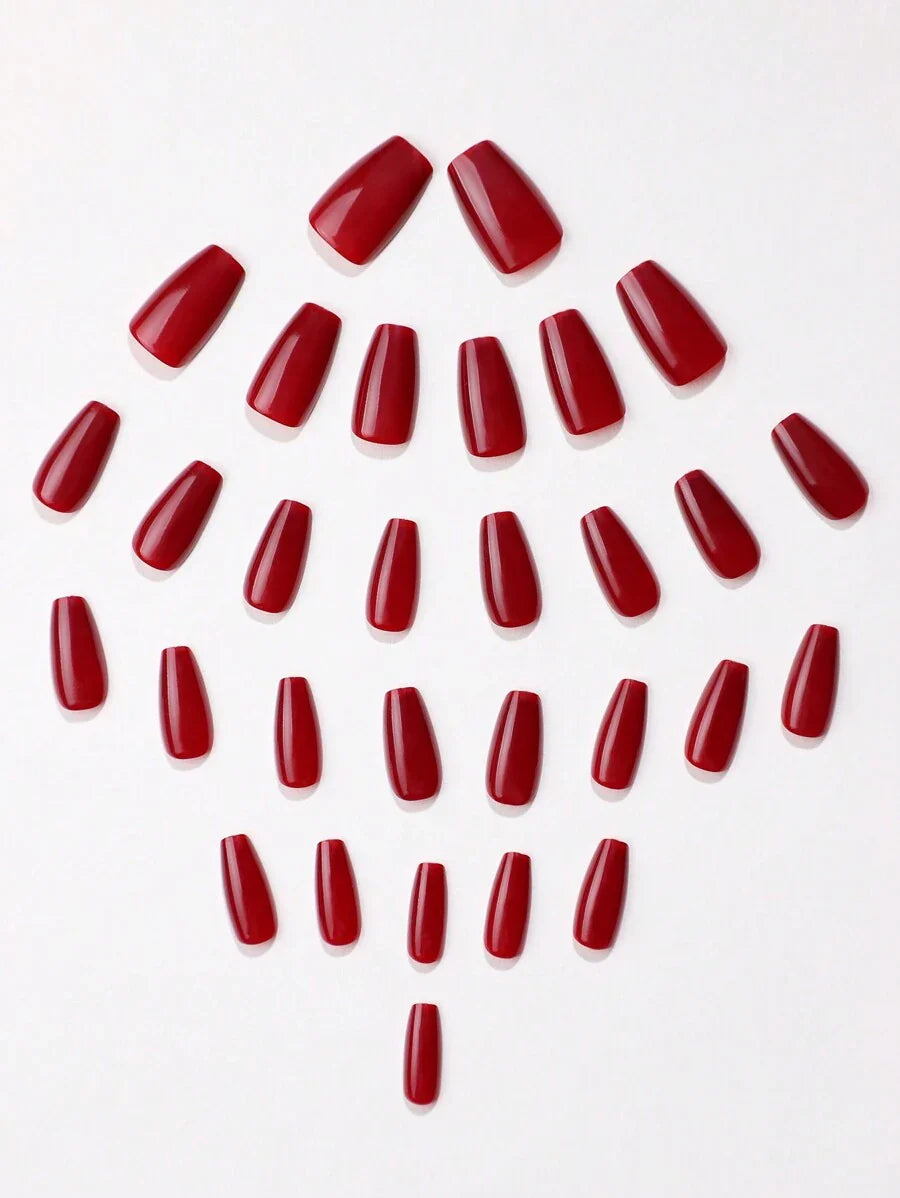 30pcs Short Coffin Shaped Cherry Red Solid Color Press On Nails, With 1pc Nail File And 1pc Jelly Glue