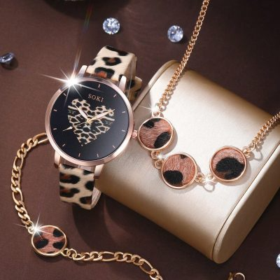SOKI SOKI Ladies Watch 3pcs Women's Leopard Print Pu Band Quartz Wristwatch With Leopard Print Bracelet And Necklace Set, Fashionable And Personalized Christmas, New Year's Day, Valentine's Day,The Best Gift For A Lady