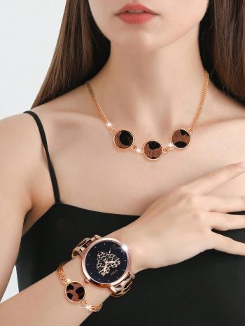 SOKI SOKI Ladies Watch 3pcs Women's Leopard Print Pu Band Quartz Wristwatch With Leopard Print Bracelet And Necklace Set, Fashionable And Personalized Christmas, New Year's Day, Valentine's Day,The Best Gift For A Lady
