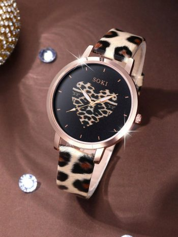SOKI SOKI Ladies Watch 3pcs Women's Leopard Print Pu Band Quartz Wristwatch With Leopard Print Bracelet And Necklace Set, Fashionable And Personalized Christmas, New Year's Day, Valentine's Day,The Best Gift For A Lady