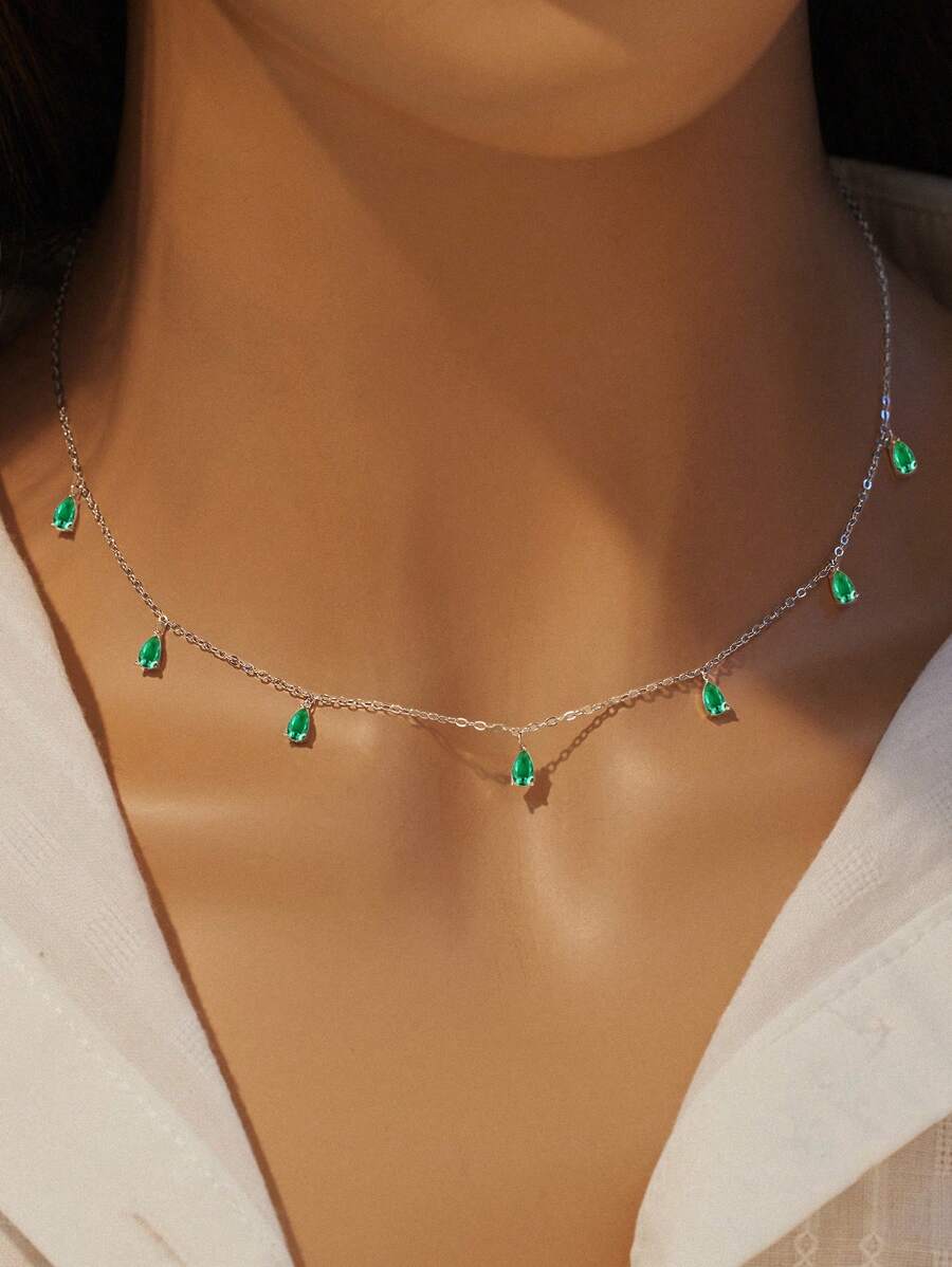 1pc 925 Sterling Silver Waterdrop Shape Cubic Zirconia Pendant Necklace