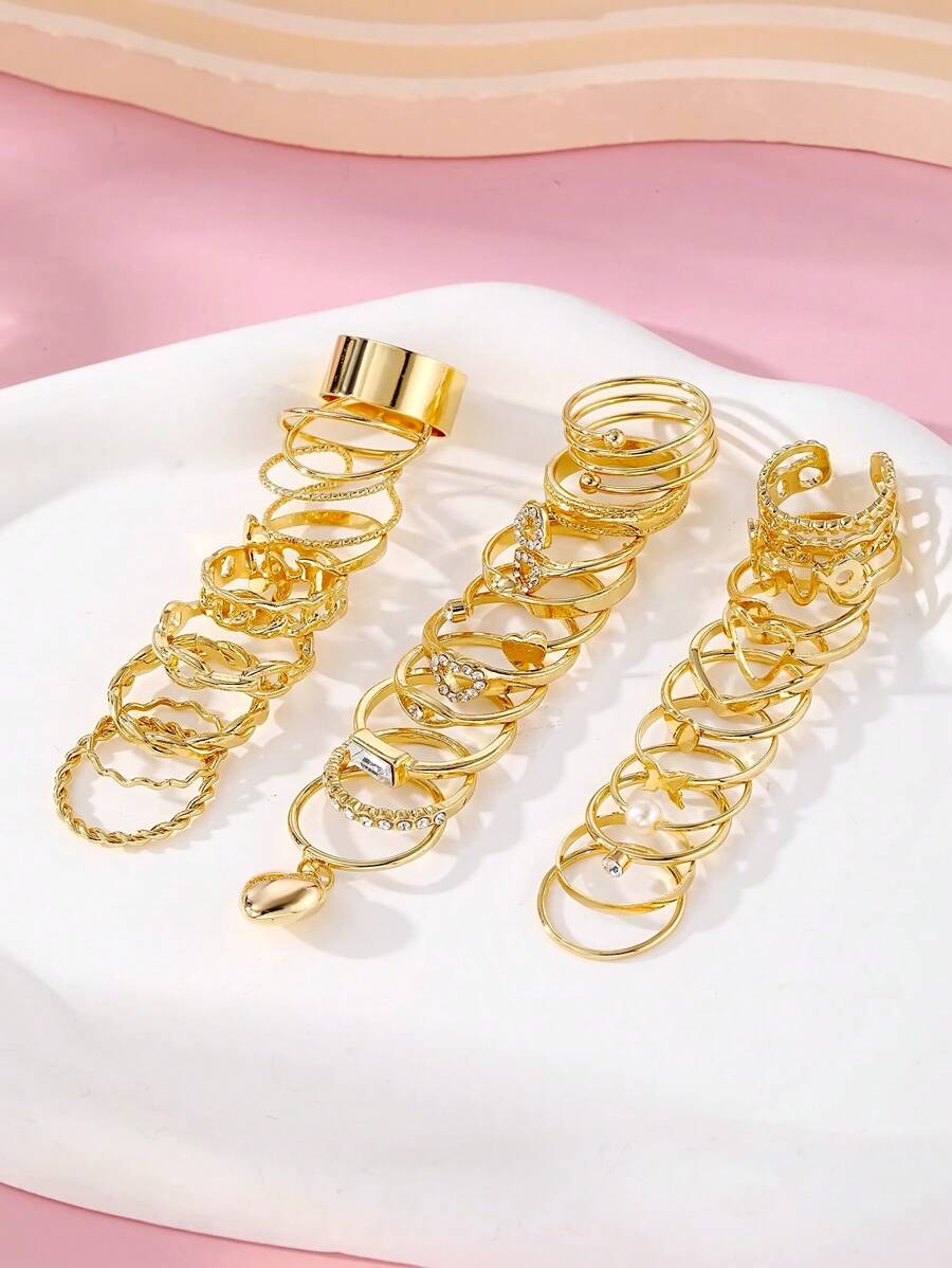 30pcs/Set Retro Chic Rhinestone Heart, Pearl, Leaf Ring Jewelry Set, Elegant Luxury Gift For Women Valentines,Mom,Mother,Mother's Day,Gift