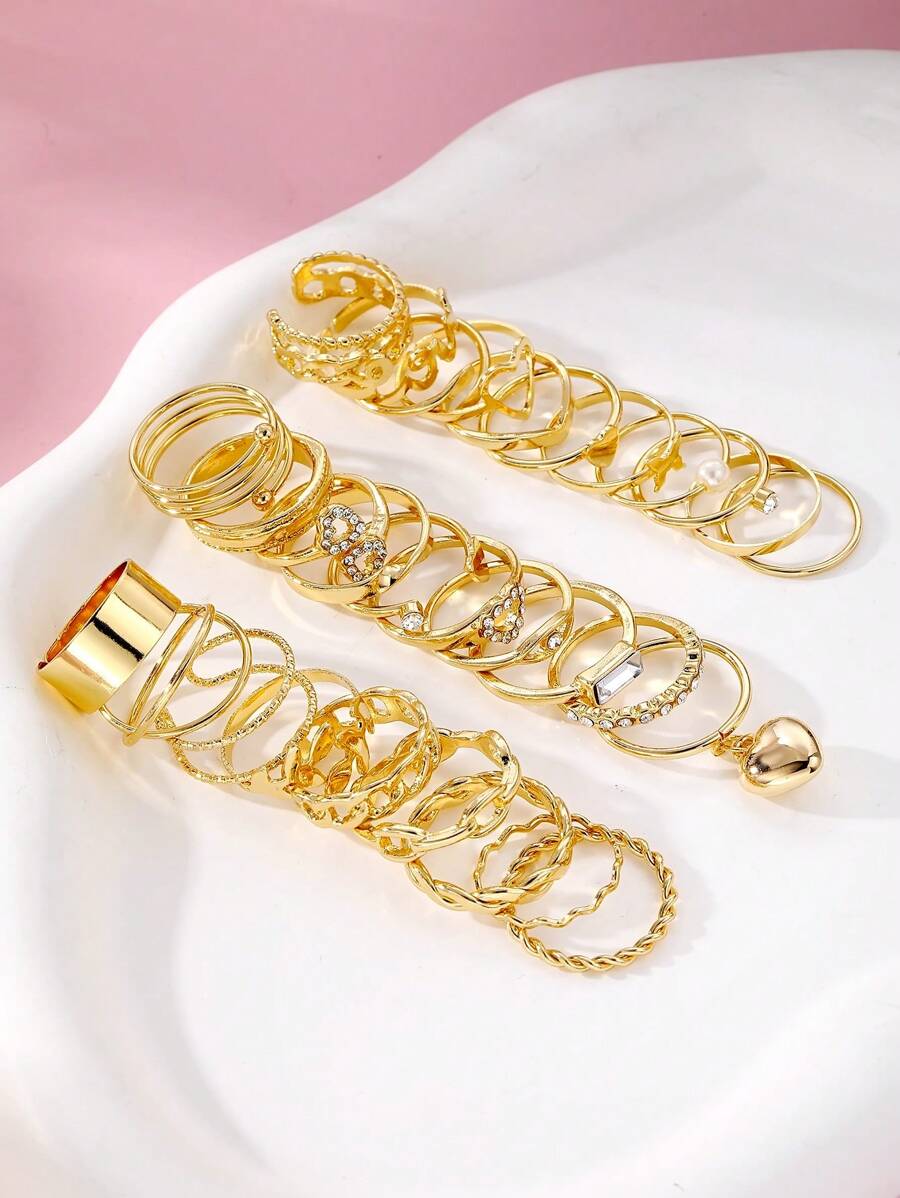 30pcs/Set Retro Chic Rhinestone Heart, Pearl, Leaf Ring Jewelry Set, Elegant Luxury Gift For Women Valentines,Mom,Mother,Mother's Day,Gift