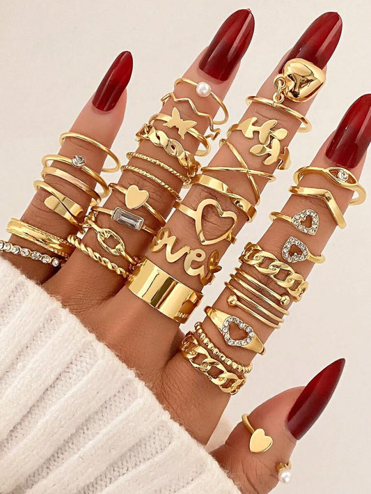 30pcs/Set Retro Chic Rhinestone Heart, Pearl, Leaf Ring Jewelry Set, Elegant Luxury Gift For Women Valentines,Mom,Mother,Mother's Day,Gift