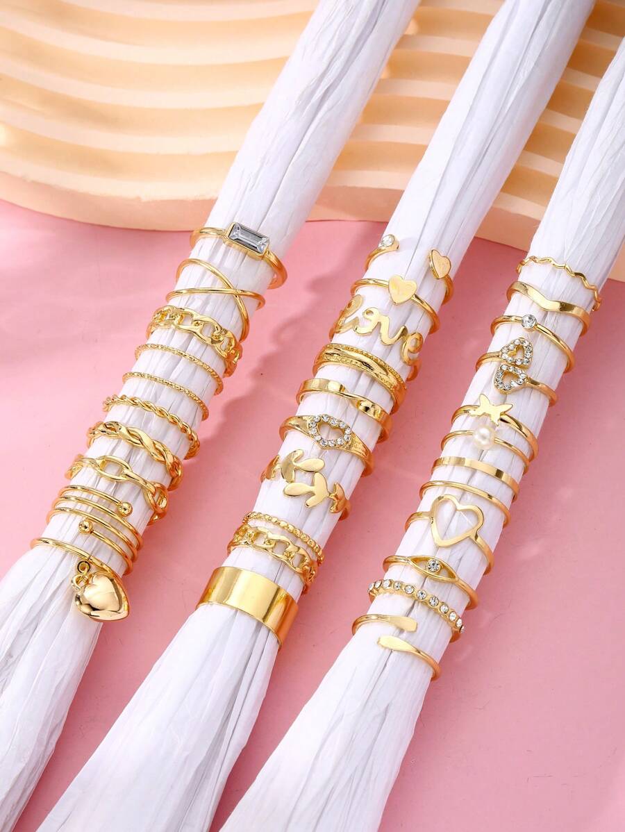 30pcs/Set Retro Chic Rhinestone Heart, Pearl, Leaf Ring Jewelry Set, Elegant Luxury Gift For Women Valentines,Mom,Mother,Mother's Day,Gift
