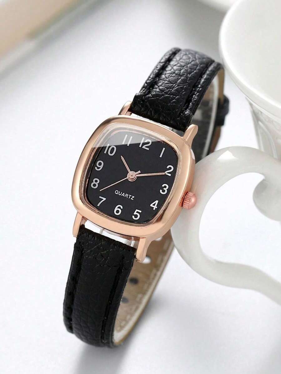 Women's Fashionable Square Case Numerals Dial Quartz Watch With Leather Strap + 8-Shape Bracelet (2pcs/Set) As A Gift For Students Returning To School