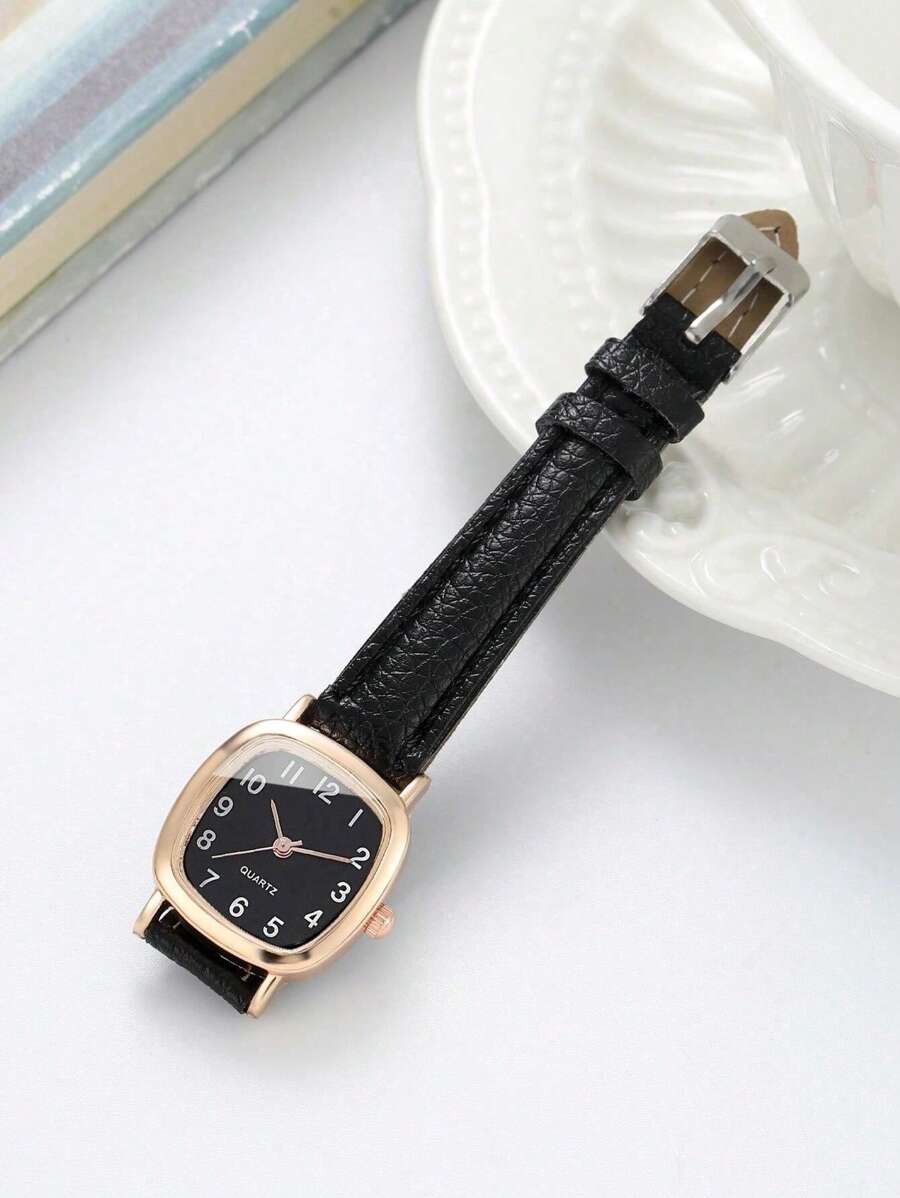 Women's Fashionable Square Case Numerals Dial Quartz Watch With Leather Strap + 8-Shape Bracelet (2pcs/Set) As A Gift For Students Returning To School
