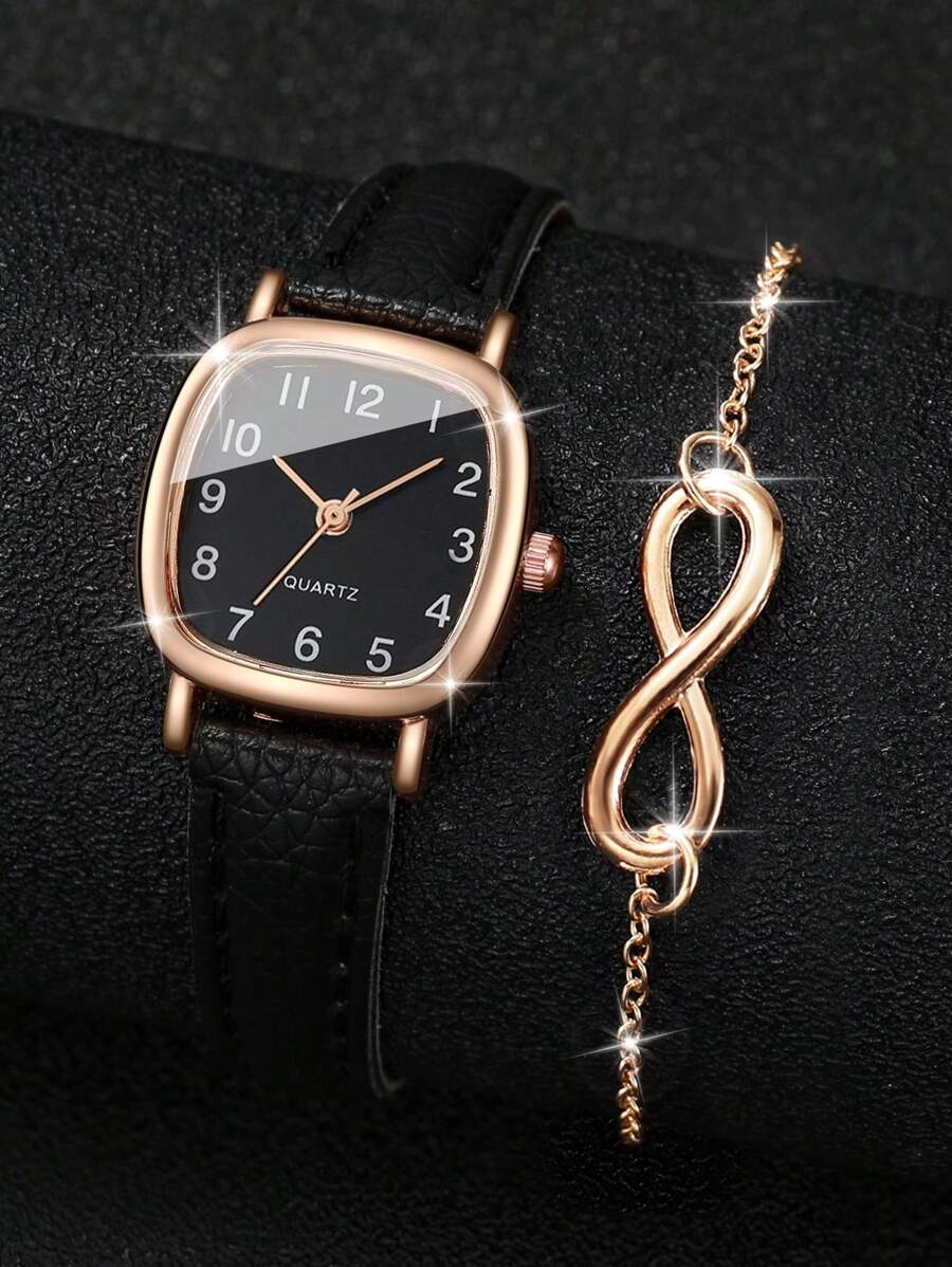 Women's Fashionable Square Case Numerals Dial Quartz Watch With Leather Strap + 8-Shape Bracelet (2pcs/Set) As A Gift For Students Returning To School