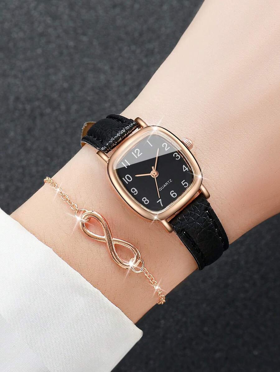 Women's Fashionable Square Case Numerals Dial Quartz Watch With Leather Strap + 8-Shape Bracelet (2pcs/Set) As A Gift For Students Returning To School