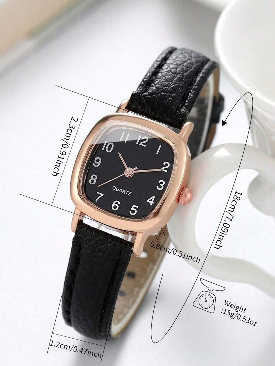 Women's Fashionable Square Case Numerals Dial Quartz Watch With Leather Strap + 8-Shape Bracelet (2pcs/Set) As A Gift For Students Returning To School