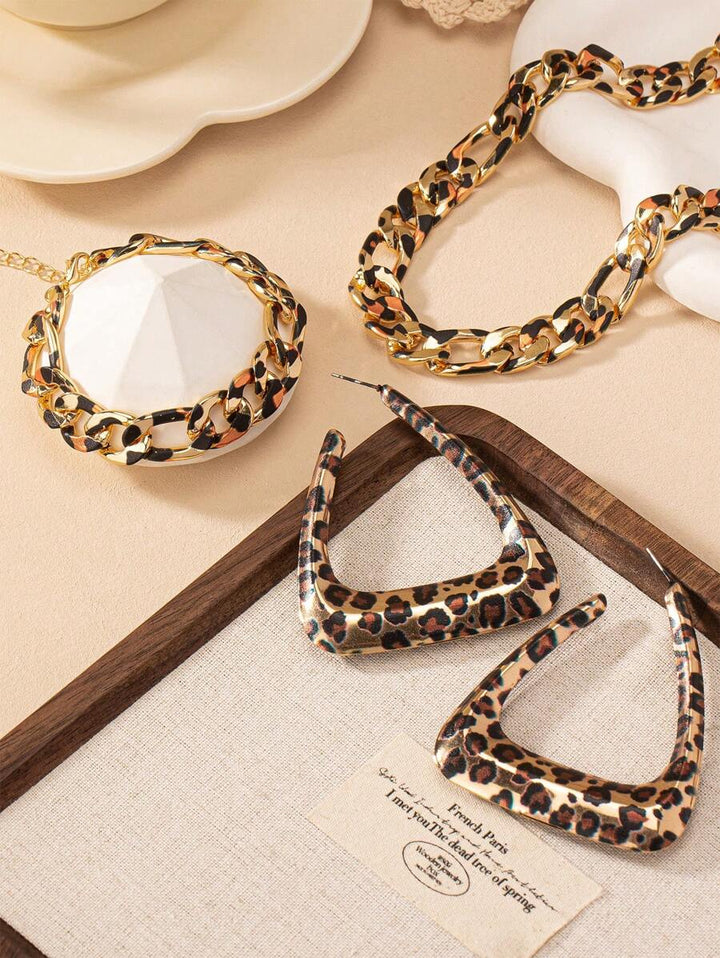 1pc Geometric Leopard Print Chain Necklace + 1pc Leopard Print Chain Bracelet + 1pair Hollow Out Triangle Leopard Print Earrings European And American Retro Exaggerated Women Jewelry Set