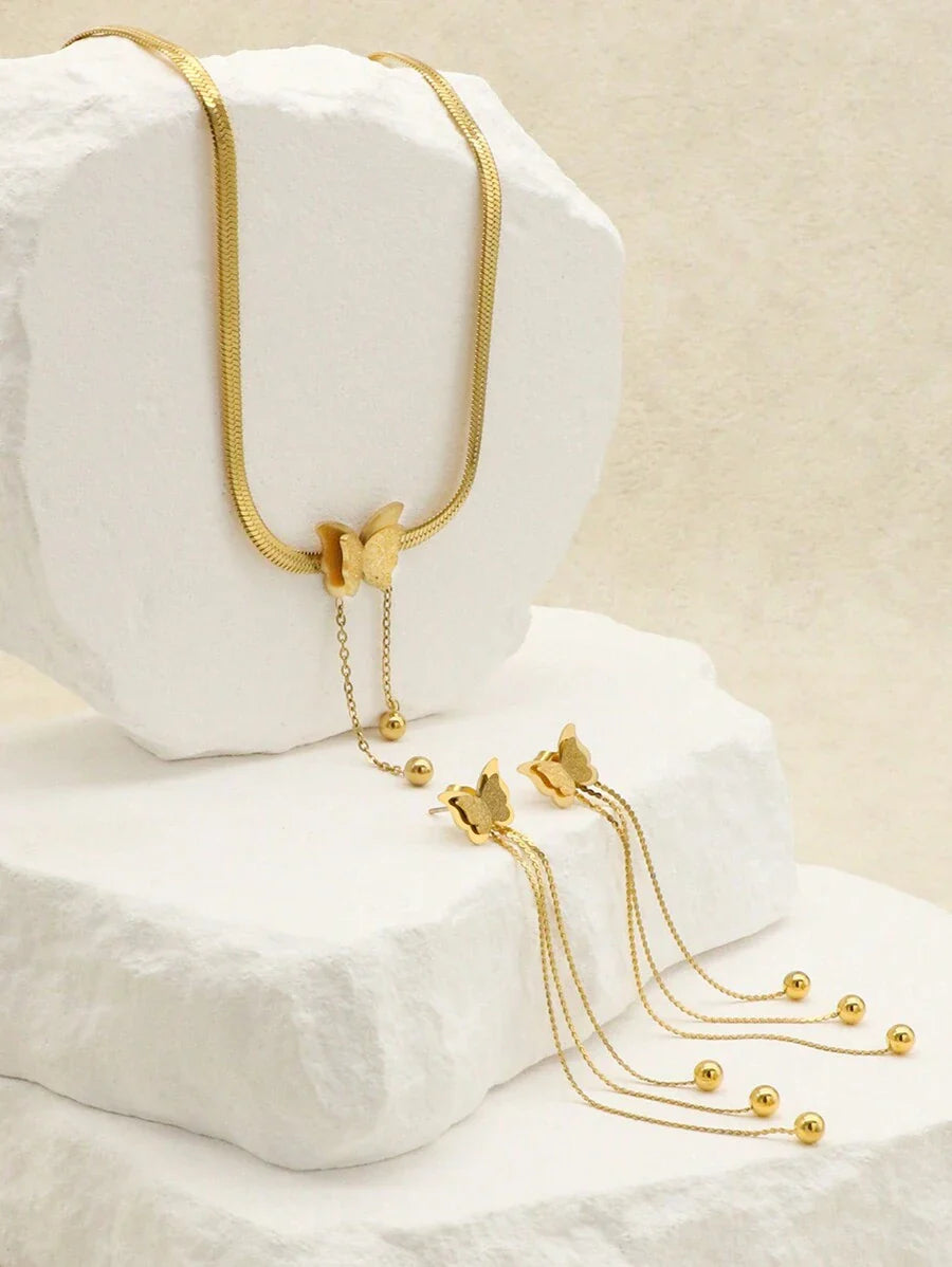 1Set/3Pcs Original Design Butterfly Earrings Bracelet Set Stainless Steel Chain Earring Set For Women Jewelry Set Gift Valentines,Mom,Mother,Mother's Day,Gift