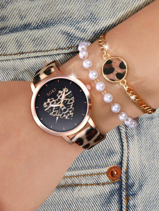 SOKI SOKI 3Pcs/Set Ladies Watch Ladies' Leopard Pu Strap Fashionable Personalized Love Dial Quartz Watch And Beaded Leopard Print Bracelet Suitable For Daily Wear, Back-To-School Season, Graduation Season, Thanksgiving, Couples, The Best Gifts