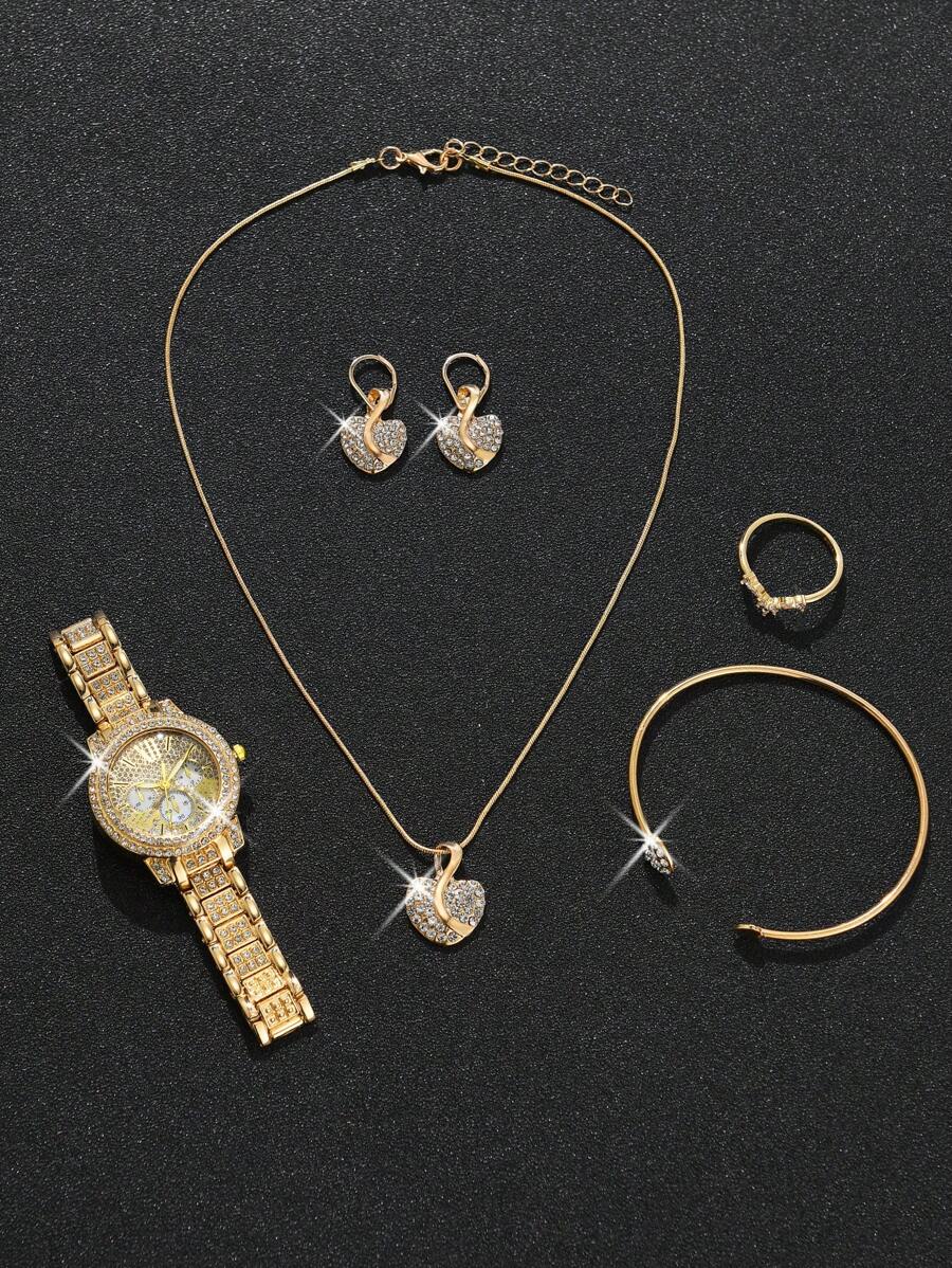 6pcs Ladies Watch Gorgeous Style Women Alloy Steel Band Quartz Watch With Rhinestone Set, Three Eyes Roman And Alloy Gold Earrings Rings Bracelet Necklace Jewelry Set, Heart Point Rhinestone Evening Party Valentines