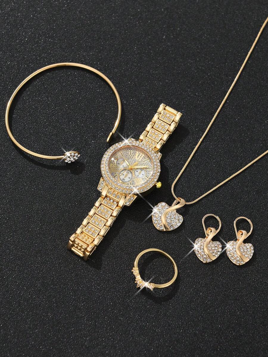 6pcs Ladies Watch Gorgeous Style Women Alloy Steel Band Quartz Watch With Rhinestone Set, Three Eyes Roman And Alloy Gold Earrings Rings Bracelet Necklace Jewelry Set, Heart Point Rhinestone Evening Party Valentines
