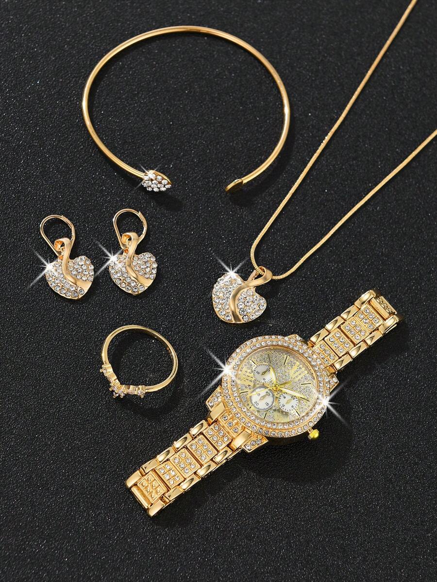6pcs Ladies Watch Gorgeous Style Women Alloy Steel Band Quartz Watch With Rhinestone Set, Three Eyes Roman And Alloy Gold Earrings Rings Bracelet Necklace Jewelry Set, Heart Point Rhinestone Evening Party Valentines