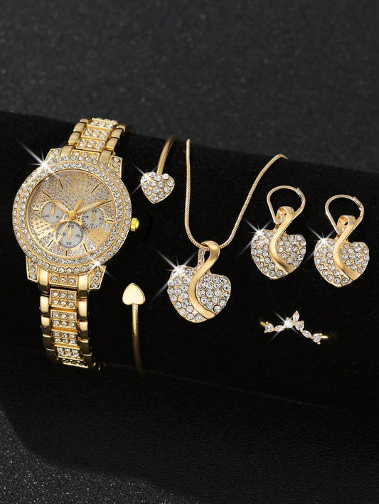 6pcs Ladies Watch Gorgeous Style Women Alloy Steel Band Quartz Watch With Rhinestone Set, Three Eyes Roman And Alloy Gold Earrings Rings Bracelet Necklace Jewelry Set, Heart Point Rhinestone Evening Party Valentines