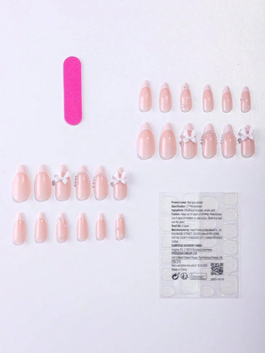 24pcs/Set Press On Nails Long Almond Acrylic Nail White French & Bowknot Shaped Pearl Design False Nails , Contain 1pc Jelly Glue And 1pc Nail File, For Nail Art Decorations By Women & Girls