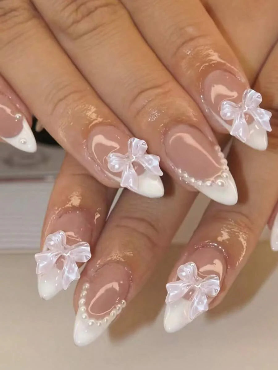24pcs/Set Press On Nails Long Almond Acrylic Nail White French & Bowknot Shaped Pearl Design False Nails , Contain 1pc Jelly Glue And 1pc Nail File, For Nail Art Decorations By Women & Girls