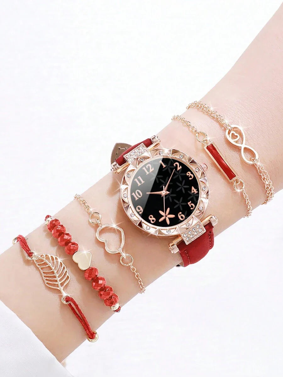 Women Fashionable Rhinestone-Accented Floral Dial Quartz Wristwatch And Heart Tree Leaf Bracelet Set (6pcs/Set) As A Gift For Students Returning To School Valentines