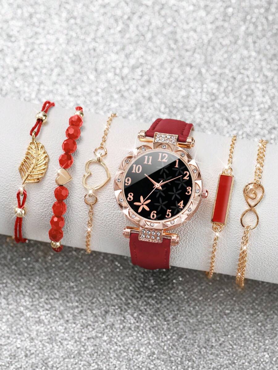 Women Fashionable Rhinestone-Accented Floral Dial Quartz Wristwatch And Heart Tree Leaf Bracelet Set (6pcs/Set) As A Gift For Students Returning To School Valentines