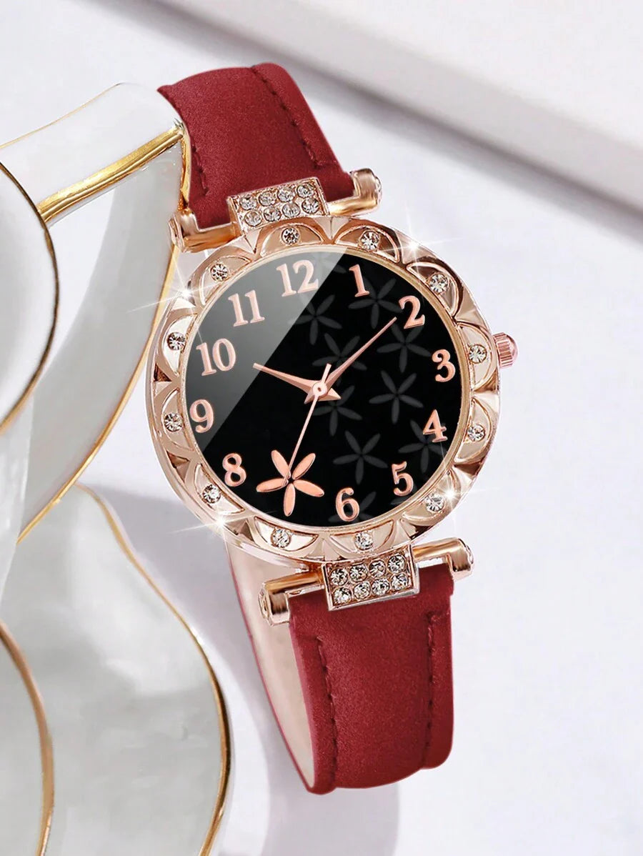 Women Fashionable Rhinestone-Accented Floral Dial Quartz Wristwatch And Heart Tree Leaf Bracelet Set (6pcs/Set) As A Gift For Students Returning To School Valentines