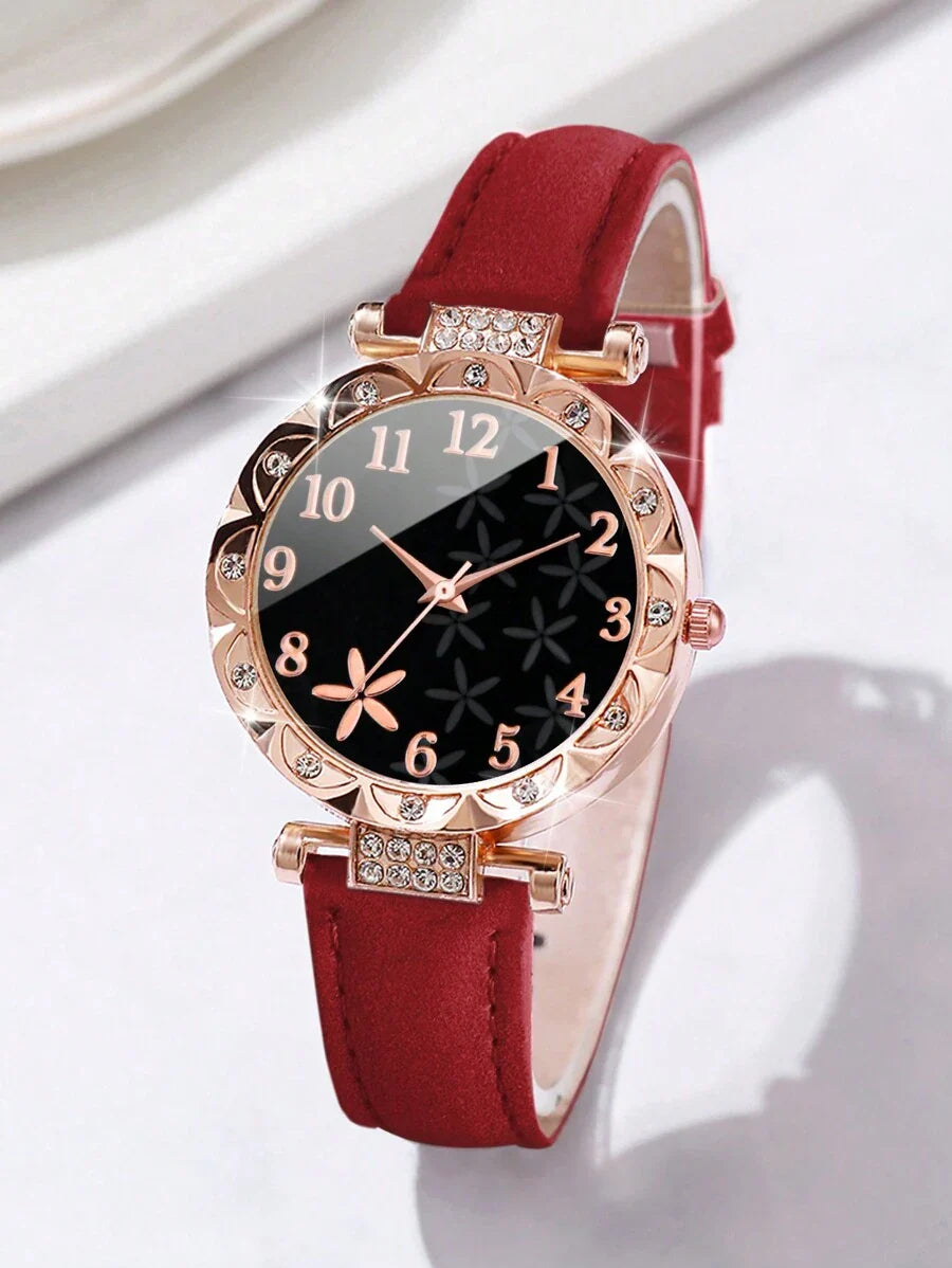 Women Fashionable Rhinestone-Accented Floral Dial Quartz Wristwatch And Heart Tree Leaf Bracelet Set (6pcs/Set) As A Gift For Students Returning To School Valentines