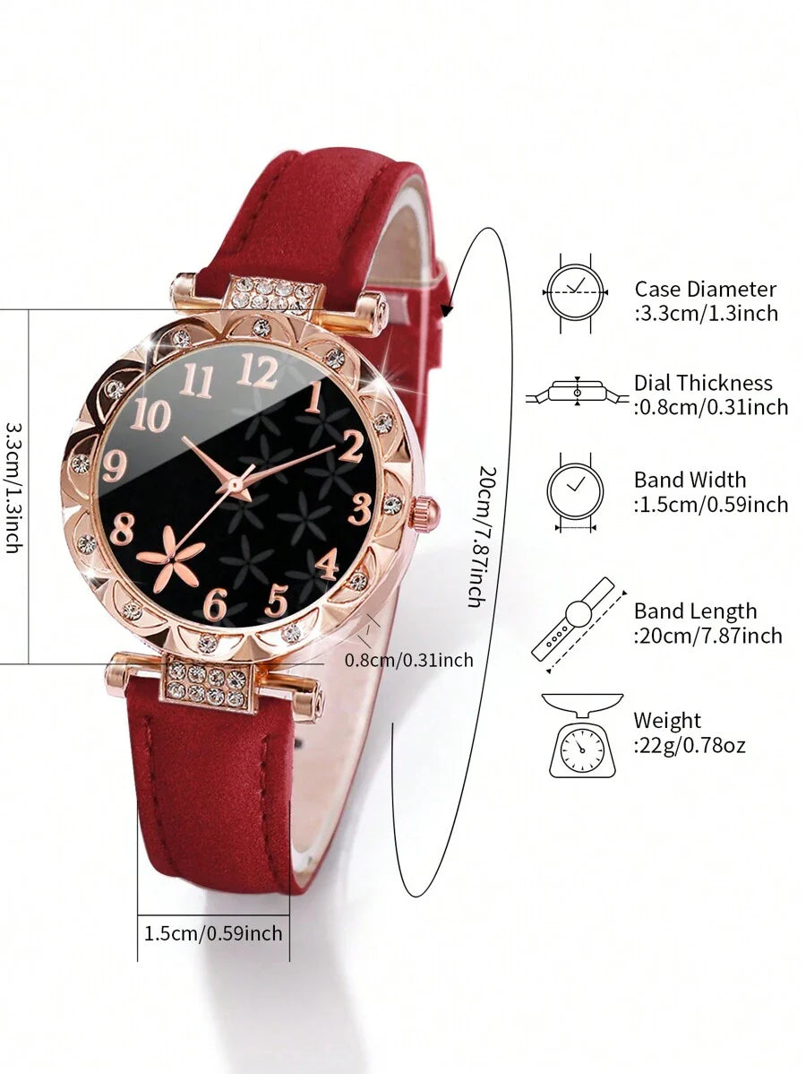 Women Fashionable Rhinestone-Accented Floral Dial Quartz Wristwatch And Heart Tree Leaf Bracelet Set (6pcs/Set) As A Gift For Students Returning To School Valentines