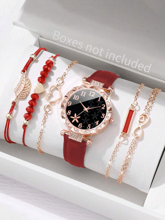 Women Fashionable Rhinestone-Accented Floral Dial Quartz Wristwatch And Heart Tree Leaf Bracelet Set (6pcs/Set) As A Gift For Students Returning To School Valentines