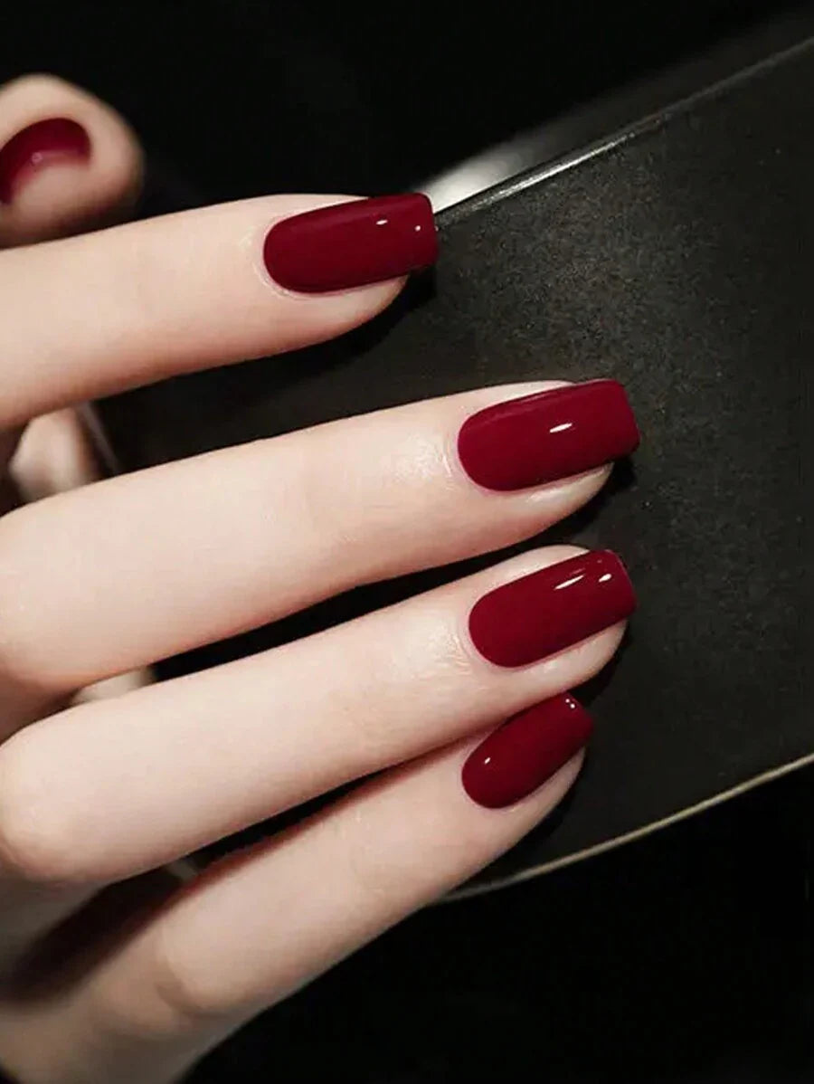 30pcs Short Coffin Shaped Cherry Red Solid Color Press On Nails, With 1pc Nail File And 1pc Jelly Glue